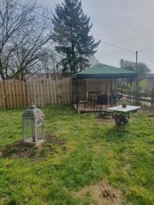 a picnic table with a green umbrella in a yard at Pension zum Hollerbusch in Heilbach