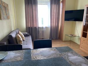 a living room with a couch and a table at Apartmány 2kk u Fakultní nemocnice Volné parkovaní in Hradec Králové