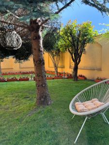 a white chair sitting in the grass next to a tree at Apartament Central in Constanţa