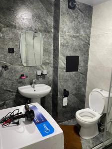 een badkamer met een wastafel, een toilet en een spiegel bij Elet Haus 197 in Sergeli