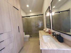 a bathroom with a sink and a shower and a toilet at Precioso departemento en Kino in Bahía Kino