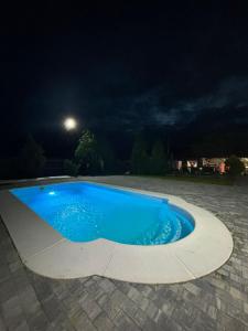 a swimming pool in a yard at night at Pensiunea Patricia in Oeşti-Pămînteni +11 photos