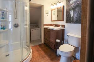 a bathroom with a shower and a toilet and a sink at Pool-Table-Hot Tub-Fire Pit in Glasgow +36 photos