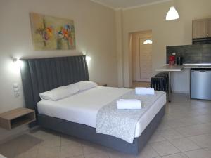 a bedroom with a large bed and a kitchen at NIKOS DIMAS STUDIOS in Parga