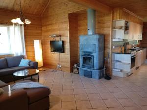 a living room with a woodburning stove in a cabin at Loghouse in Hjorto in Ödkarby