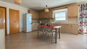 a kitchen with a table and chairs and a refrigerator at Michaela's apartment in Fanari in Fanari