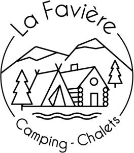 Lac des Rouges TruitesCamping-Chalets La Favière的一幅带有房屋和山脉的露营标志的图画