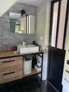 a bathroom with a sink and a mirror at Une parenthèse fleurie in La Heunière +10 photos