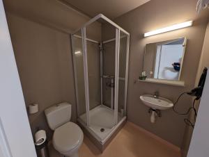 um banheiro com chuveiro, vaso sanitário e pia em The Stykkishólmur Inn by Ourhotels em Stykkishólmur