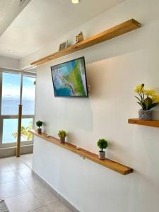 a living room with a tv on a wall with plants at Ocean View. Acogedor Apartamento frente al mar in Porlamar