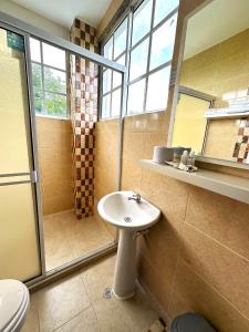 a bathroom with a sink and a shower at Hotel Campestre Villa Ocha in Valledupar