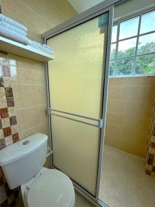 a bathroom with a toilet and a glass shower door at Hotel Campestre Villa Ocha in Valledupar