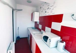 a small kitchen with a red and white tile wall at StudioApartment LUXOR in Constanţa