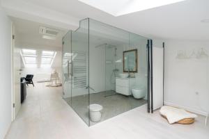 a bathroom with a glass shower and a toilet at Black & White Apartments Rožna dolina in Ljubljana +15 photos