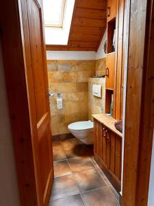 a small bathroom with a toilet and a window at Großzügiges Landhaus im Grünen in Oberpiesting