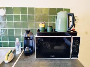 a microwave sitting on top of a kitchen counter at Charmant studio tout équipé in Olliergues