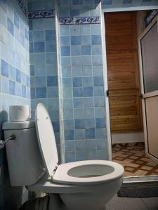 a bathroom with a toilet with a blue tiled wall at Blue heart in Chefchaouen +33 photos