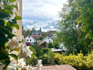 a view of a city from a garden with flowers at Traumferienwohnungen Georgenthal in Georgenthal