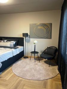 a bedroom with a bed and a chair and a lamp at OzolApart 2 in Jēkabpils