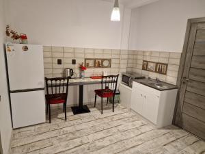 a kitchen with a refrigerator and a table and chairs at ULLYSSES GUEST HOUSE in Braşov