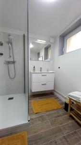 un baño con ducha y lavabo en Gîte L'Instant Présent, en Messeix