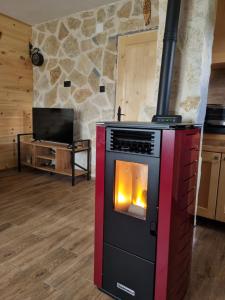 a stove with a fire in a living room at Mountain house Savin Kuk in Žabljak