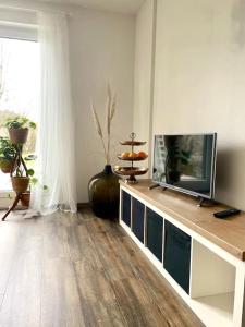 a living room with a flat screen tv on a counter at Erholung im Main-Tauber-Kreis in Niederstetten
