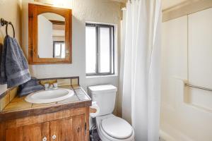 a bathroom with a toilet and a sink and a mirror at Near Lakes and Skiing Cozy Sugarloaf Cabin with Yard in Sugarloaf +16 photos