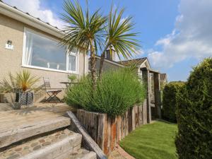 a house with a palm tree in the yard at Benllech Bay Cottage in Benllech