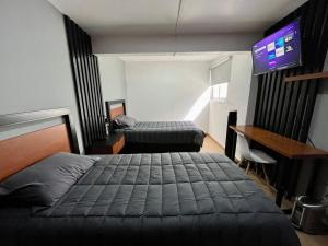 a bedroom with two beds and a flat screen tv at Alojamiento Familiar a 5 minutos de la Plaza de Toros in Pachuca de Soto