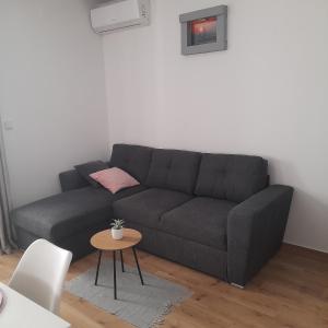 a living room with a black couch and a table at Apartments Filipovic in Biograd na Moru