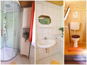 two pictures of a bathroom with a shower and a sink at Peintnerhof Almhütte in Innervillgraten
