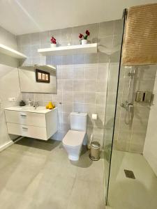 een badkamer met een toilet, een wastafel en een douche bij Loft La Cueva de los Pájaros in Playa Blanca