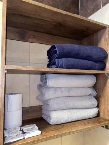 a bunch of towels on a shelf in a bathroom at The UFO Shore in Las Núñez