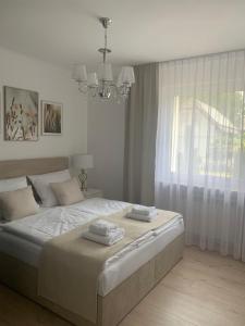 a white bedroom with a large bed and a chandelier at Apartment Naturjuwel in Hünxe