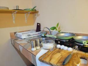 a kitchen with a counter top with a stove and some bowls at Alojamiento La Roca in Puerto Cortes +4 photos