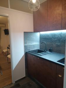 a kitchen with a sink and wooden cabinets at Old port in Baška Voda +17 photos