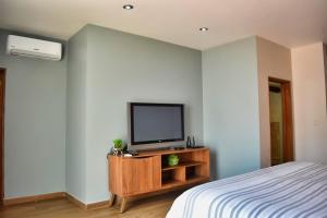 a bedroom with a bed and a television on a cabinet at CASAS FREDA - Centro Historico Departamentos in San Luis Potosí