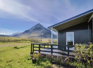 a small building with a mountain in the background at Nónhóll - Ocean View Cottage in Arnarstapi in Stapi