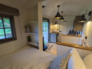 a small room with a bed and a kitchen at Hut in the Forest in Brockenhurst