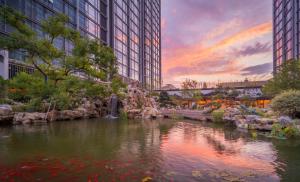 a pond in the middle of a city with buildings at 苏州山塘街华贸姑苏里酒店公寓 in Suzhou