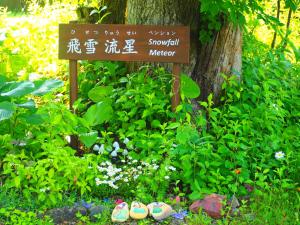 a sign in the middle of a garden with eggs at Snowfall Meteor 飛雪流星 in Kaminoyama