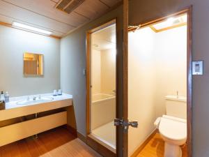 a bathroom with a sink and a toilet at Kiso Mikawaya in Kiso