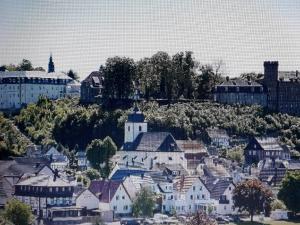 an aerial view of a town with houses and buildings at geräumiges Ferienhaus in Beverungen