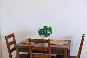 a wooden table with a potted plant on it at Seaside escape apartment in Saronida +4 photos