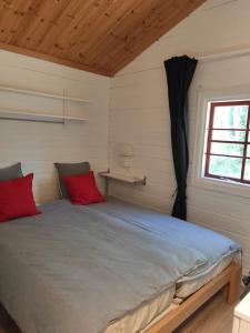 une chambre avec un lit avec des oreillers rouges et une fenêtre dans l'établissement LES REFUGES DU LOT Le Cosy, à Mauroux 14 autres photos