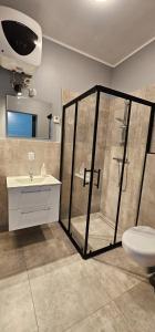 a bathroom with a shower and a sink and a toilet at Apartamenty Carpe Diem in Sława +31 photos
