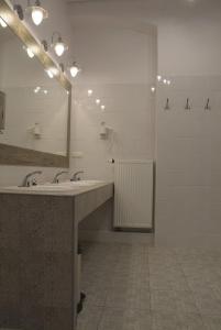 a bathroom with a sink and a mirror at Hostel Lwowska 11 in Warsaw