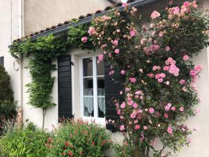 a black and white house with pink roses at Le Cottage in Nantes