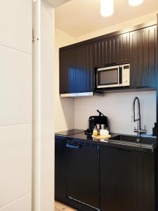 Η κουζίνα ή μικρή κουζίνα στο Moderne 1 Zimmer Ferienwohnung im Landhaus Haffkrug mit Terrasse, Gartenblick und Parkplatz in ruhiger Lage